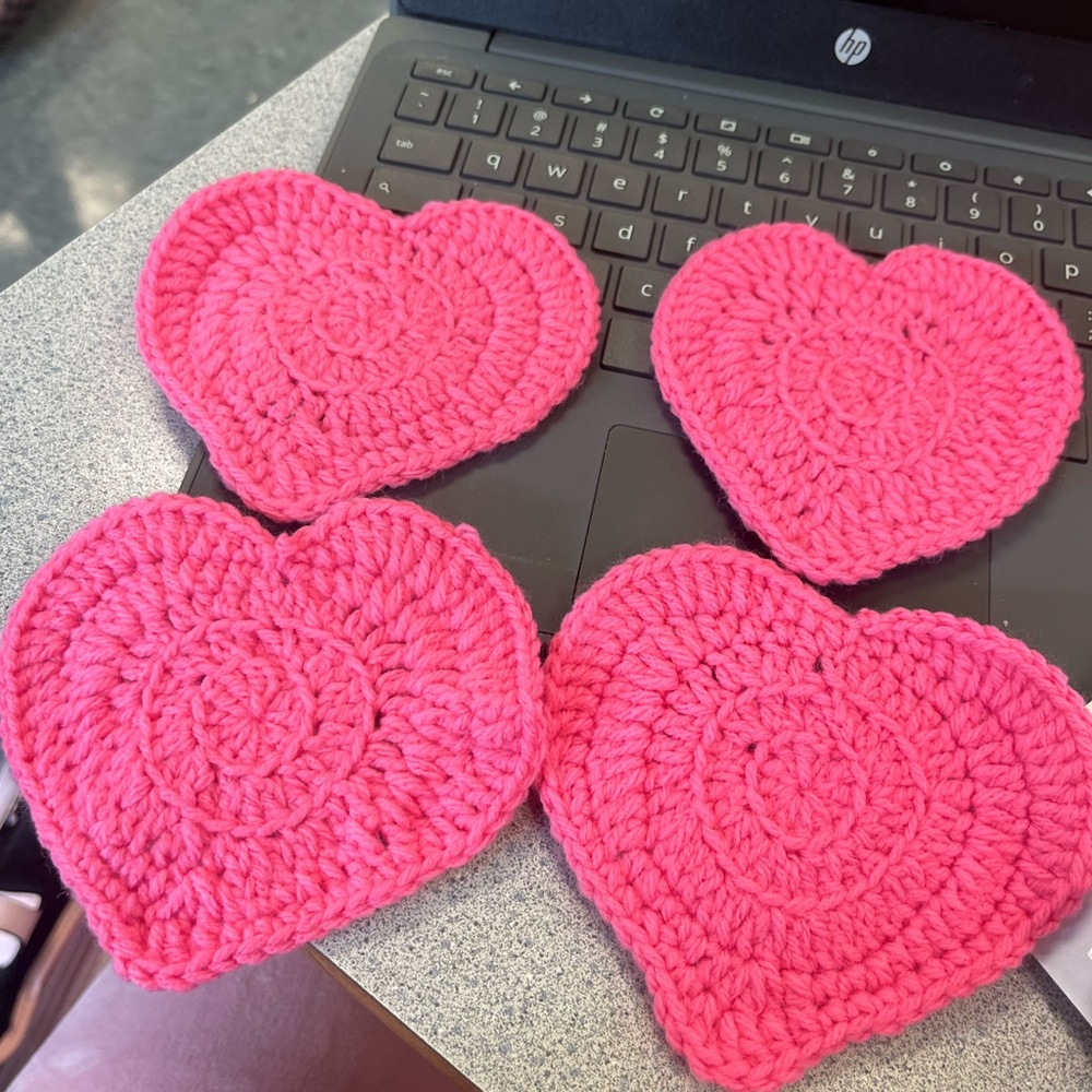 Pink Crochet Heart Coasters 4 Pcs